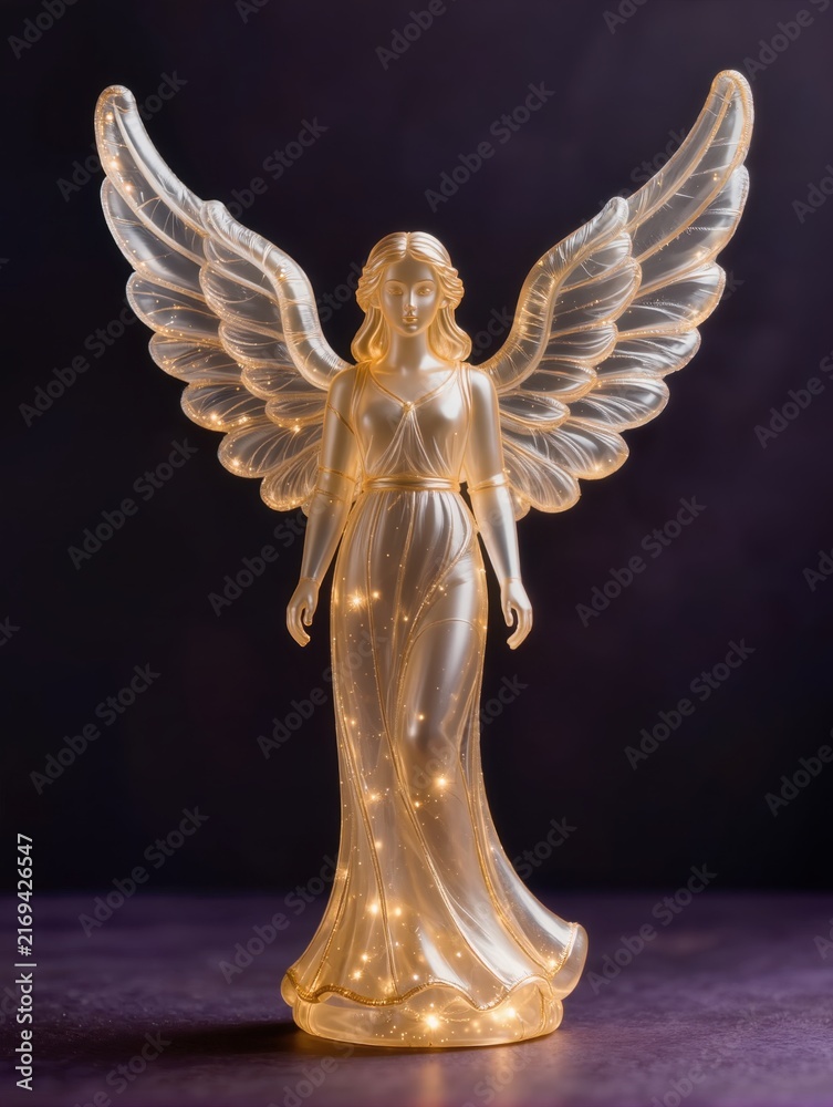 Fototapeta premium An ethereal Christmas angel sculpture recreated from transparent inflatable plastic, elegant human-like silhouette, flowing gown and large translucent wings, warm golden light glowing through the body