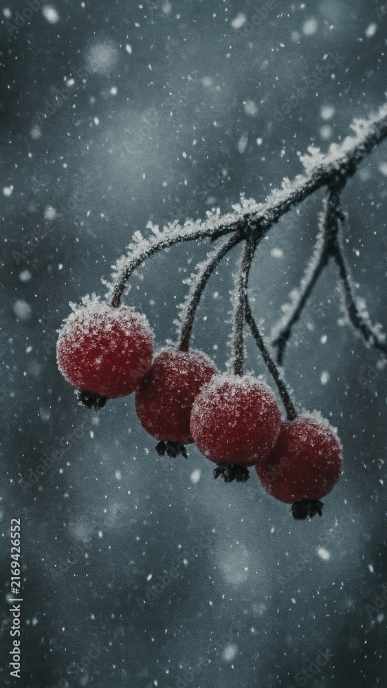 Fototapeta premium Frosted berries in winter snowfall mobile wallpaper