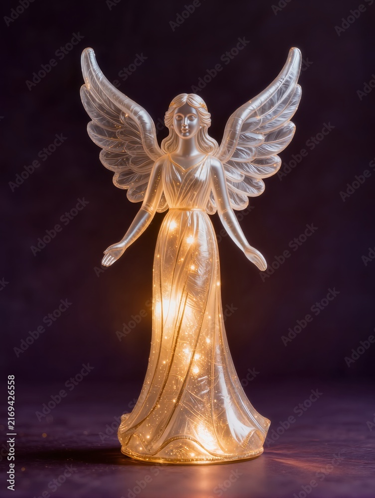Fototapeta premium An ethereal Christmas angel sculpture recreated from transparent inflatable plastic, elegant human-like silhouette, flowing gown and large translucent wings, warm golden light glowing through the body
