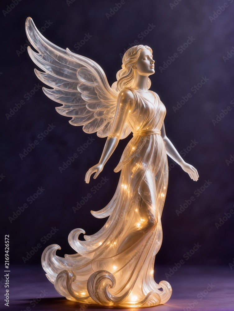 Fototapeta premium An ethereal Christmas angel sculpture recreated from transparent inflatable plastic, elegant human-like silhouette, flowing gown and large translucent wings, warm golden light glowing through the body