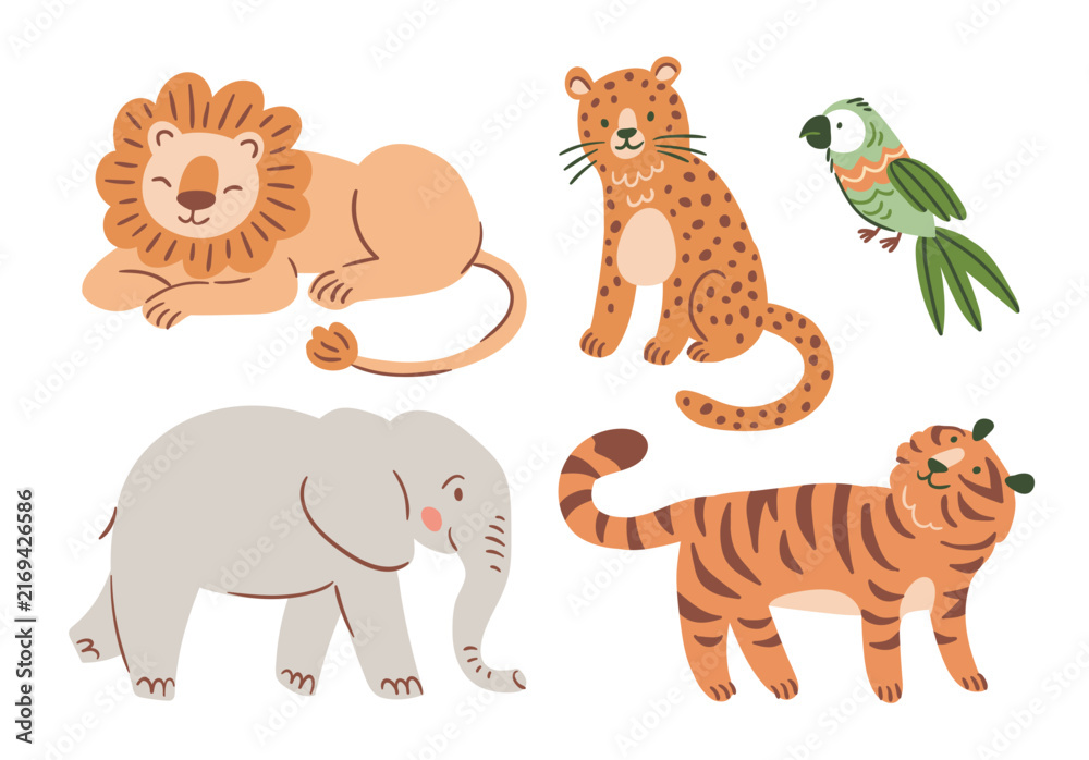 Obraz premium Vector set of cute Africa animals. Lion, tiger, leopard, elephant and parrot. Safari animal illustrations isolated on white background. 