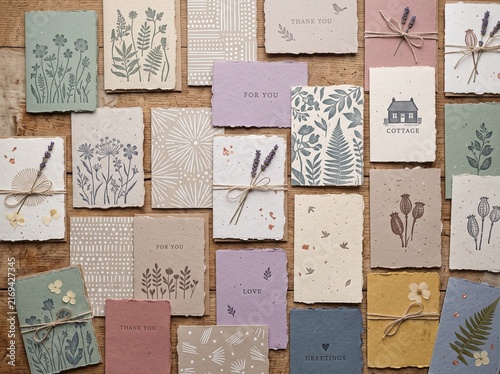 Handmade paper cards with botanical prints and floral patterns on a rustic wooden background