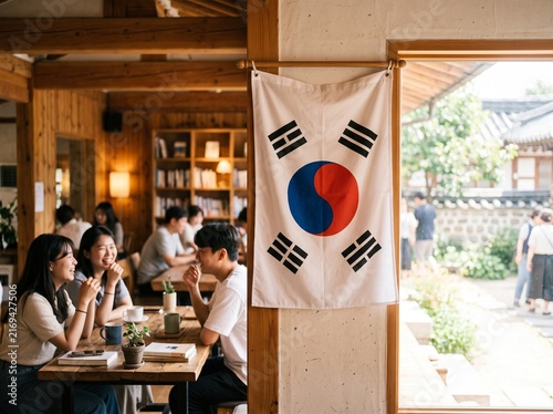 South Korean flag hanging in a traditional cafe with young people socializing indoors