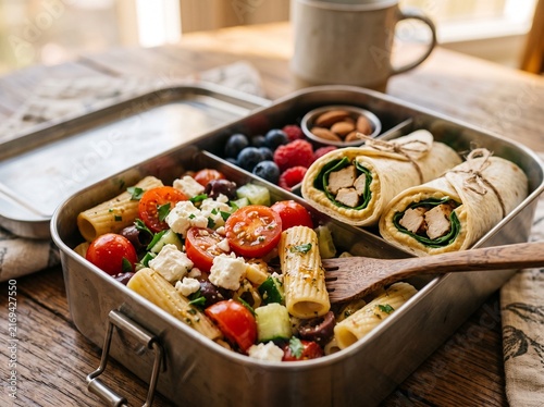 Healthy packed lunch box with pasta salad, chicken wraps, berries and nuts on wooden table
