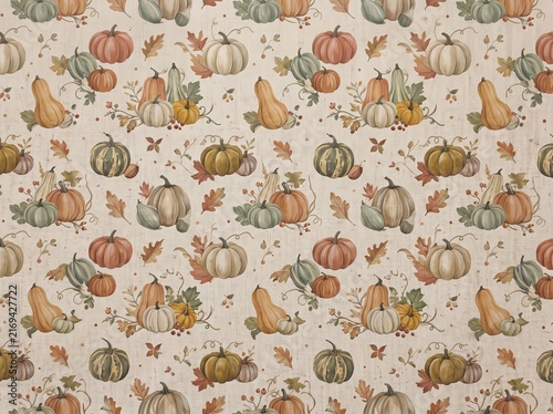 Seamless Autumn Pattern with Pumpkins and Fall Leaves for Thanksgiving Seasonal Decor
