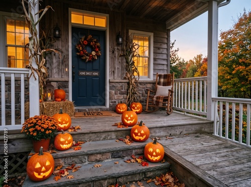 Halloween pumpkins on rustic house porch with autumn decorations and fall foliage
