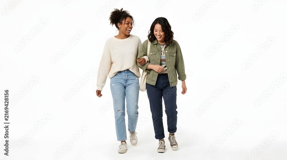 Fototapeta premium Two friends walking with arms around shoulders.