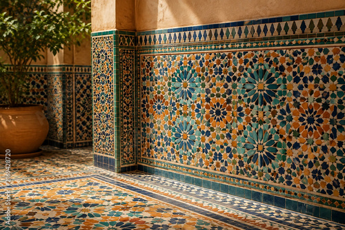 Colorful Moroccan Mosaic Tile Courtyard with Traditional Geometric Ceramic Patterns