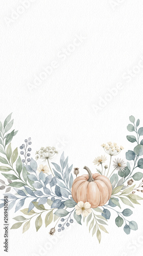 Watercolor arrangement of pumpkin and foliage, symbolizing autumn harvest and nature's beauty, ideal for seasonal greetings.