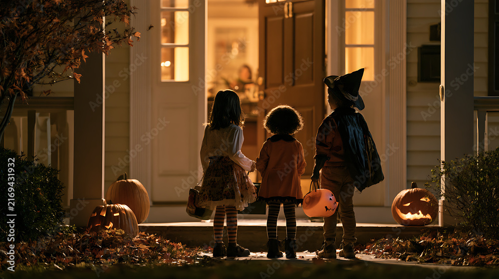 Obraz premium Enfants attendent à la porte d'une maison pendant Halloween, décorations et citrouilles visibles