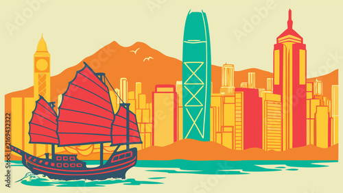 Hong Kong vector skyline silhouette with Victoria Harbour and Bank of China Tower