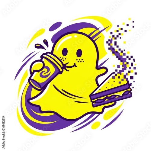 Naklejka Dynamic Snapchat Icon Animated Ghost with Coffee & Sandwich Elements