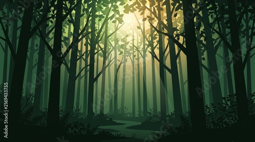 Sunlight Streaming Through Dense Bamboo Forest