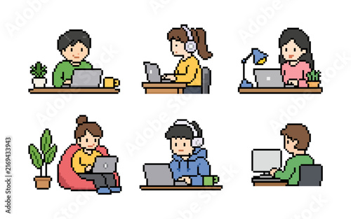 Pixel Art People Working on Laptop Computer Doodle Set - Remote Work, Freelancer, and Study Concept