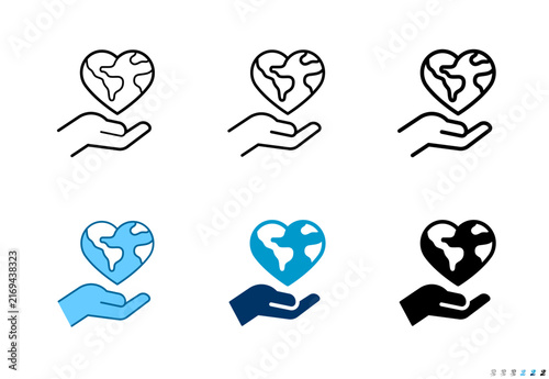 Hand holding earth in heart shape icons in outline and solid styles, Editable stroke.