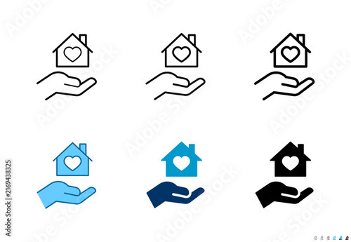Hand holding house icons in outline and solid styles, Editable stroke.