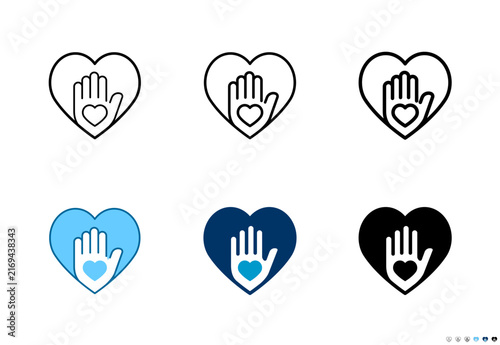 Hand in heart icons in outline and solid styles, Editable stroke.