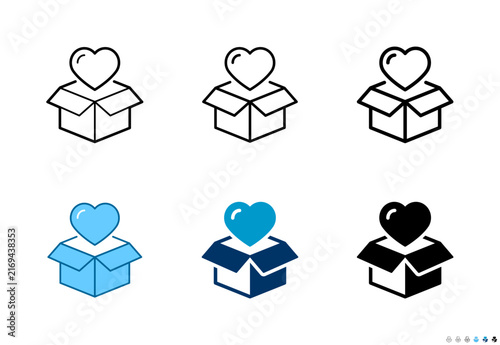 Heart in open box icons in outline and solid styles, Editable stroke.
