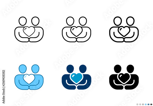 Two people holding heart icons in outline and solid styles, Editable stroke.