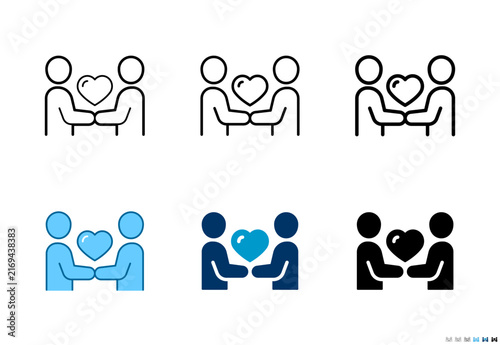 Two people holding heart icons in outline and solid styles, Editable stroke.