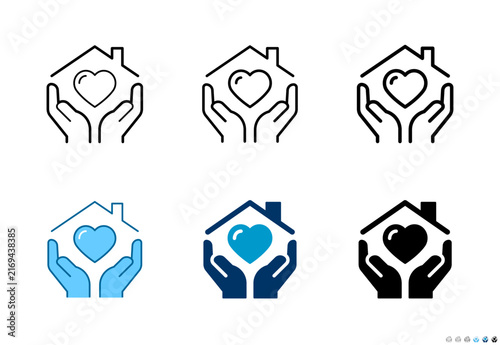 Hand holding house icons in outline and solid styles, Editable stroke.