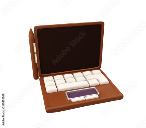 Brown 3d laptop tablet vector icon with stylus isolated