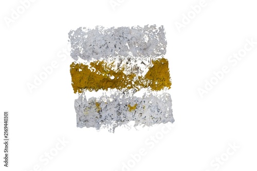 Painted yellow hiking trail marker isolated on a white background