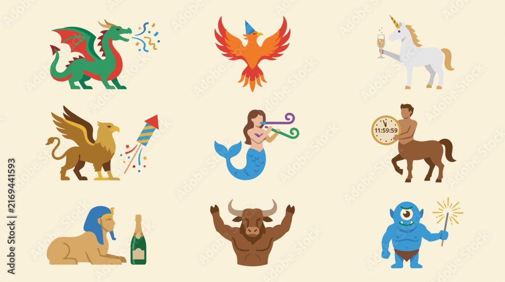 Fototapeta premium Mythical creatures and fantasy beings in a flat design icon set, celebrating with party elements