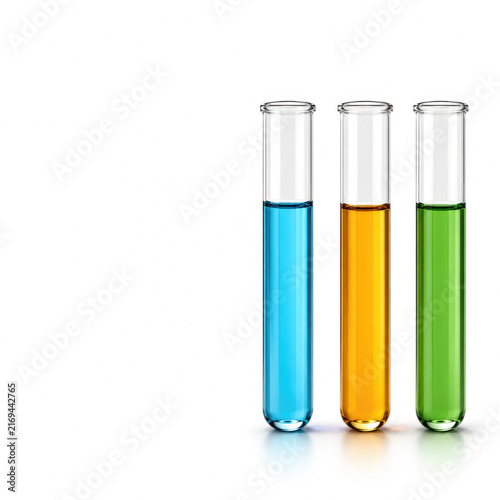Colorful Glass Test Tubes With Blue Orange and Green Laboratory Liquids on White Background