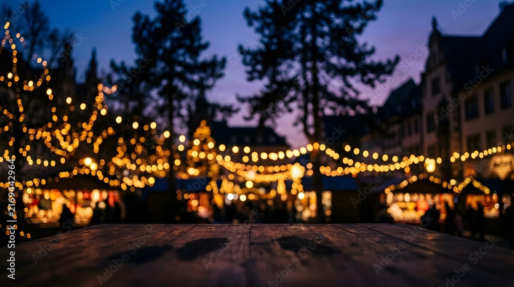 Fototapeta premium A beautiful enchanting outdoor holiday market glows at dusk with twinkling lights and festive seasonal decorations creating a truly magical winter atmosphere