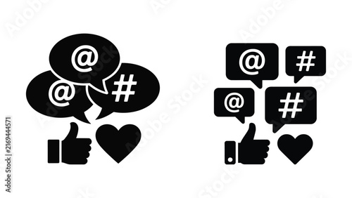 Social media engagement icons, likes, comments and hashtags