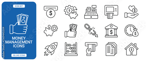 Set of money management line icons, including banking, finance, savings, and investment symbols for business and personal finance applications