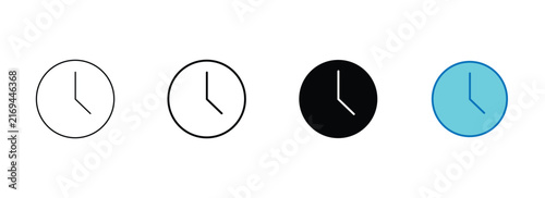 A set of four simple clock icons showing different design styles including outline and solid fill variations