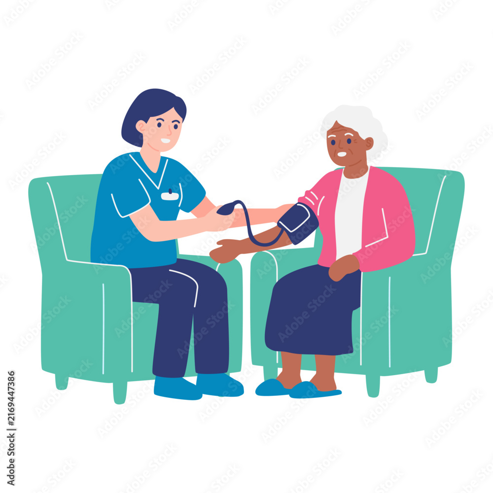 Fototapeta premium Nurse measuring blood pressure of senior woman in armchair, elderly home healthcare and medical checkup concept