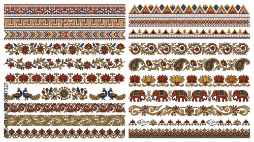 Collection of traditional indian decorative border patterns featuring intricate floral motifs peacocks elephants and ethnic geometric cultural design elements
