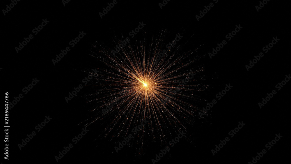 Fototapeta premium Golden firework explosion isolated on black background, bright sparks radiating from the center, festive celebration concept, high quality digital illustration