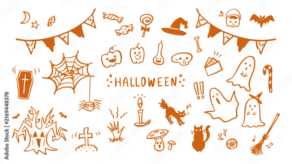Fototapeta premium ハロウィン 手描きのおしゃれなブラシ線画イラストセット