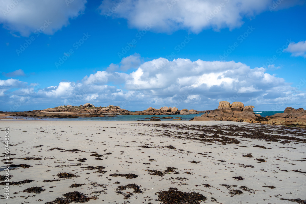Obraz premium Coz Pors beach with granite reef in Tregastel, Brittany, France