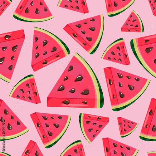 Watermelon slices seamless vector pattern on a pink background, featuring fresh summer fruit. Ideal for fabric, wallpaper, packaging, wrapping paper, textiles and seasonal designs.