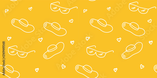 Seamless Summer Pattern With Sun Hats, Sunglasses And Hearts On Bright Yellow Background