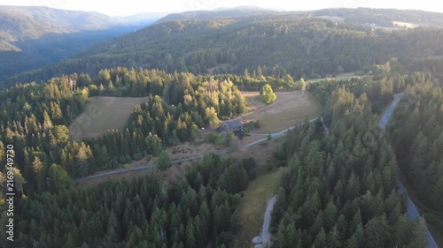 Smooth aerial view over lush green countryside with open fields, dense trees, winding rural roads and peaceful natural scenery in bright daylight.
