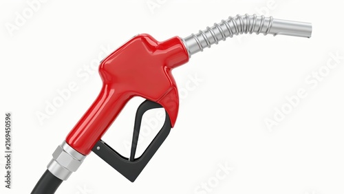 Red gasoline fuel nozzle isolated on white background. Perfect for energy industry, transportation, and petroleum sector business concepts.
