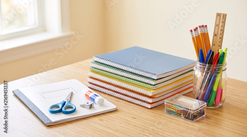Fournitures de rentrée scolaire avec cahiers, crayons, ciseaux et colle