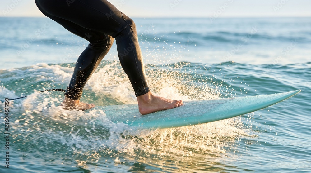 Fototapeta premium Surfboard rail slices through golden wave spray