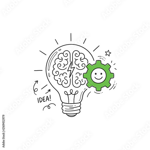 3D rendered silhouette of a lightbulb containing a brain with a gear mechanism symbolizing innovation and creativity against a white backdrop