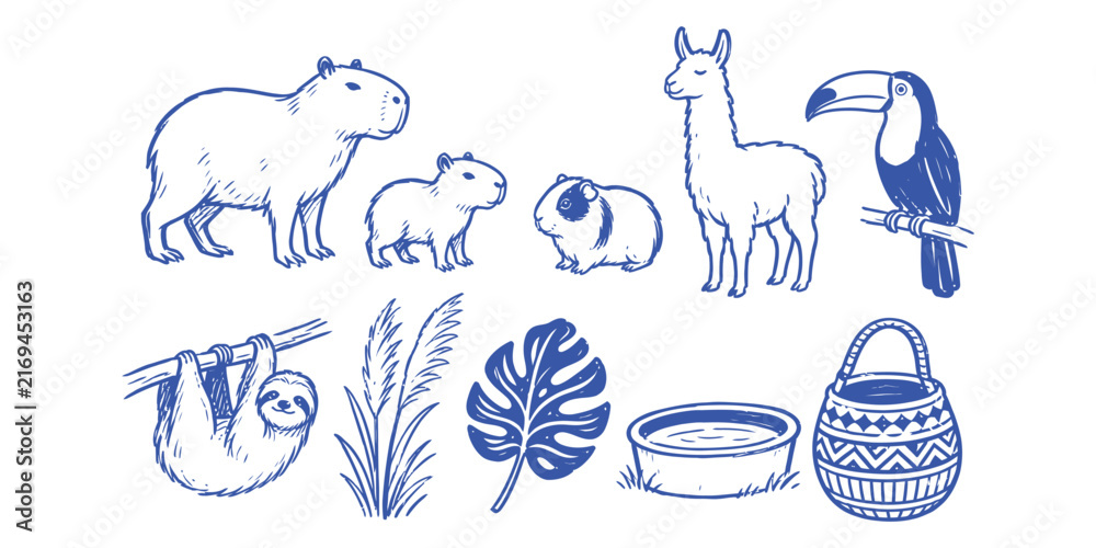 Naklejka premium South American wild animals, exotic tropical flora, and native accessories doodle collection set Vector Illustration