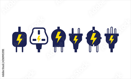Collection of electrical plugs with lightning bolts in a row for global power concepts isolated on white background