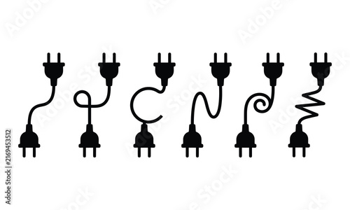 Electrical plugs connected with wavy cables in a row symbolizing network and connection isolated on white background