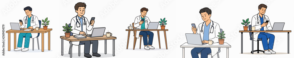 Obraz premium A set of vector illustrations featuring a male doctor working at a counter and using his mobile phone.