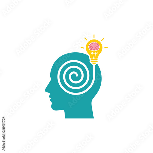 Human head silhouette with glowing light bulb above representing an idea concept and innovation 3D rendered silhouette isolated on white background